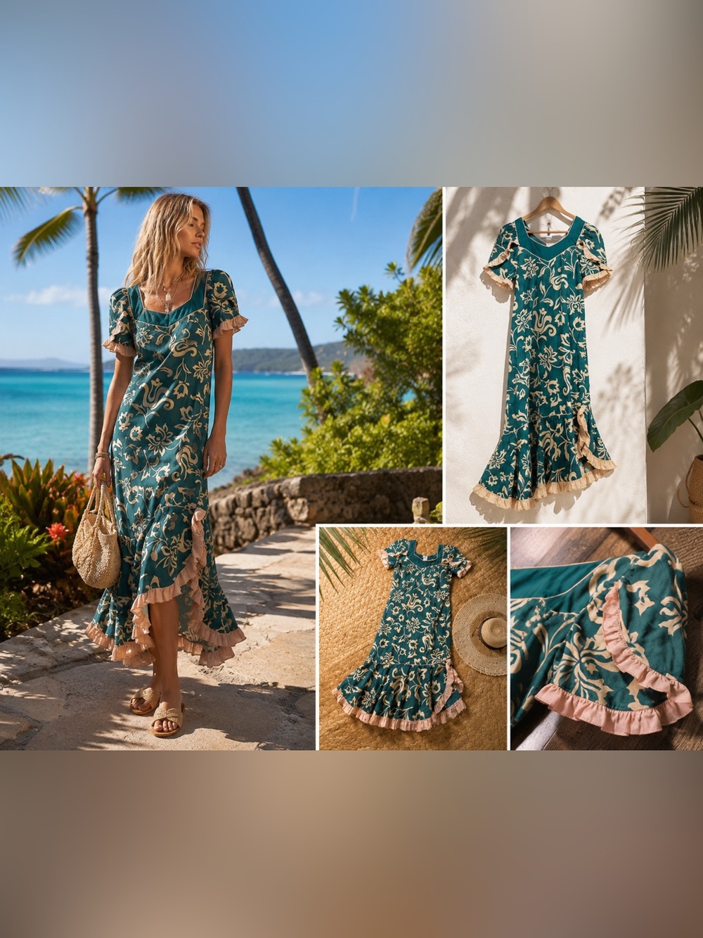 Vintage handmade  1980s Floral Ruffle Hawaiian Dress
Teal Green Ruffle Trim